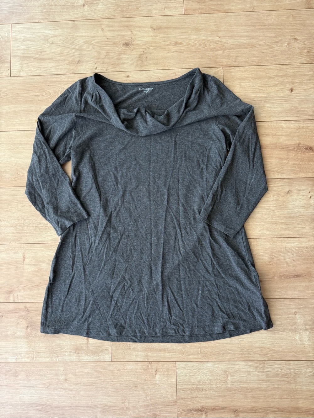 Eileen Fisher Charcoal Viscose Tunic Top Drape Neck 3/4 Sleeve Medium Stretch